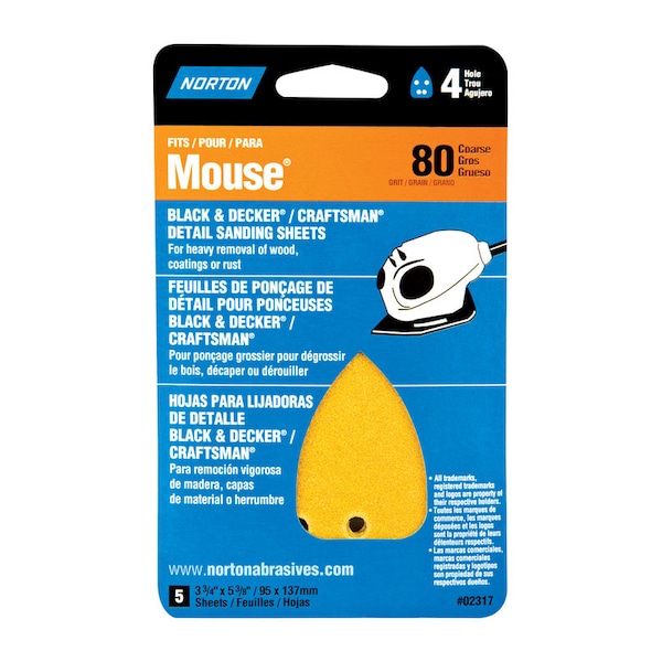 Norton Abrasives Norton 5-1/4 in. L X 3-3/4 in. W 80 Grit Aluminum Oxide Mouse Sandpaper 5 pk 7660702317 - main